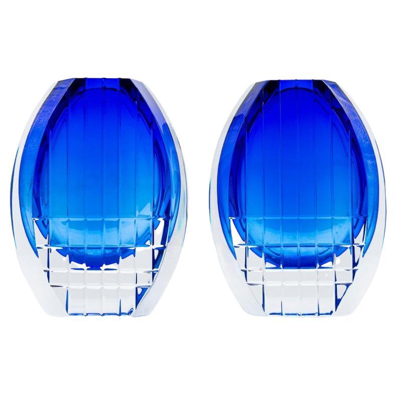 Set of 2 Baccarat Geometric Vases Cobalt Blue Clear Crystal Glass, France