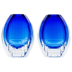 Set of 2 Baccarat Geometric Vases Cobalt Blue Clear Crystal Glass, France