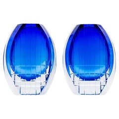 Set of 2 Baccarat Geometric Vases Cobalt Blue Clear Crystal Glass, France