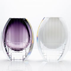 Set of 2 Baccarat Geometric Vases Violet Clear Crystal Glass, France
