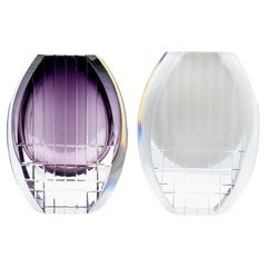 Set of 2 Baccarat Geometric Vases Violet Clear Crystal Glass, France