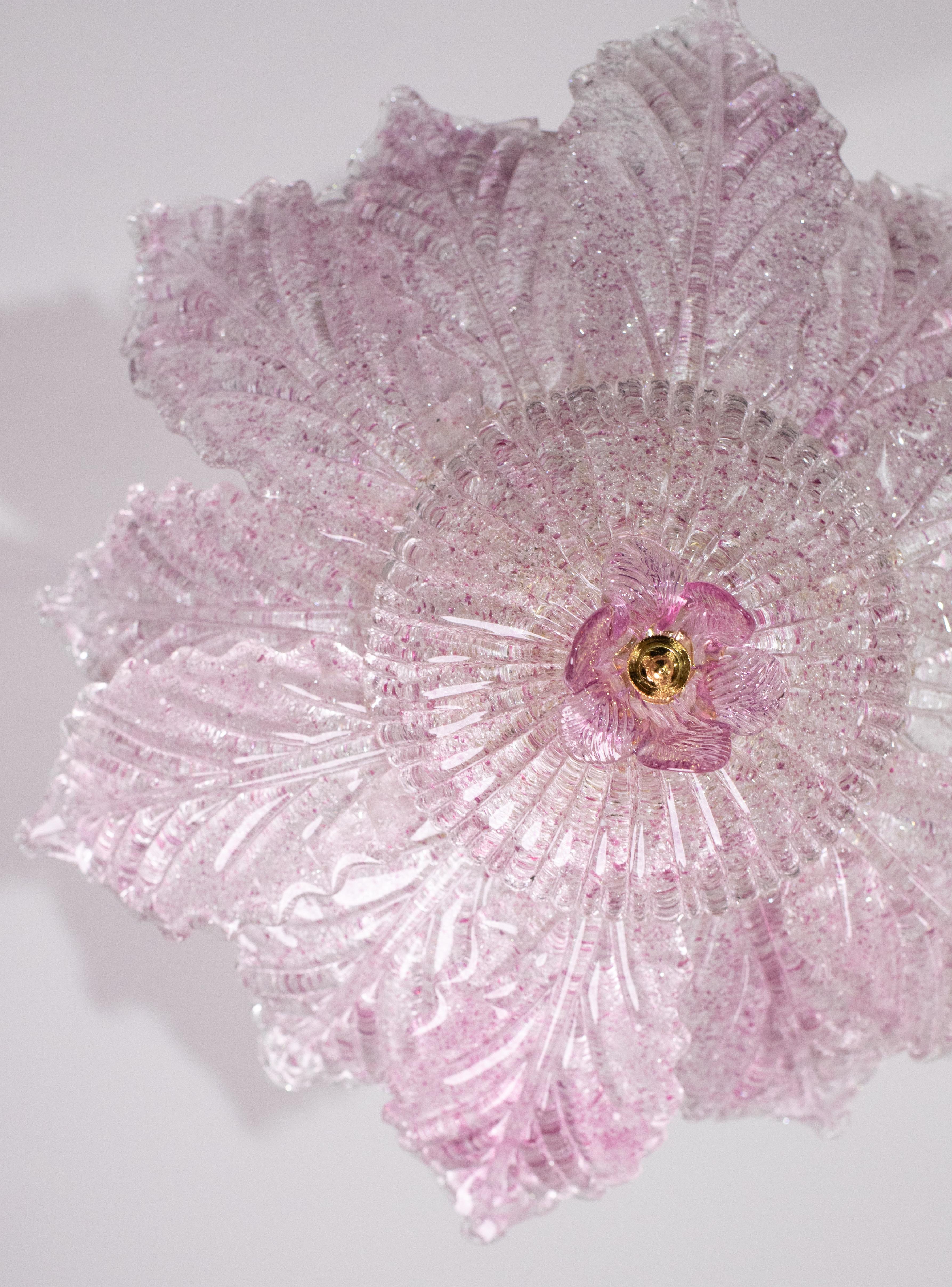 Lot de 2 lampes de plafond ou d'affleurement Ballarò, feuilles en verre de Murano rose d'Italie en vente 5