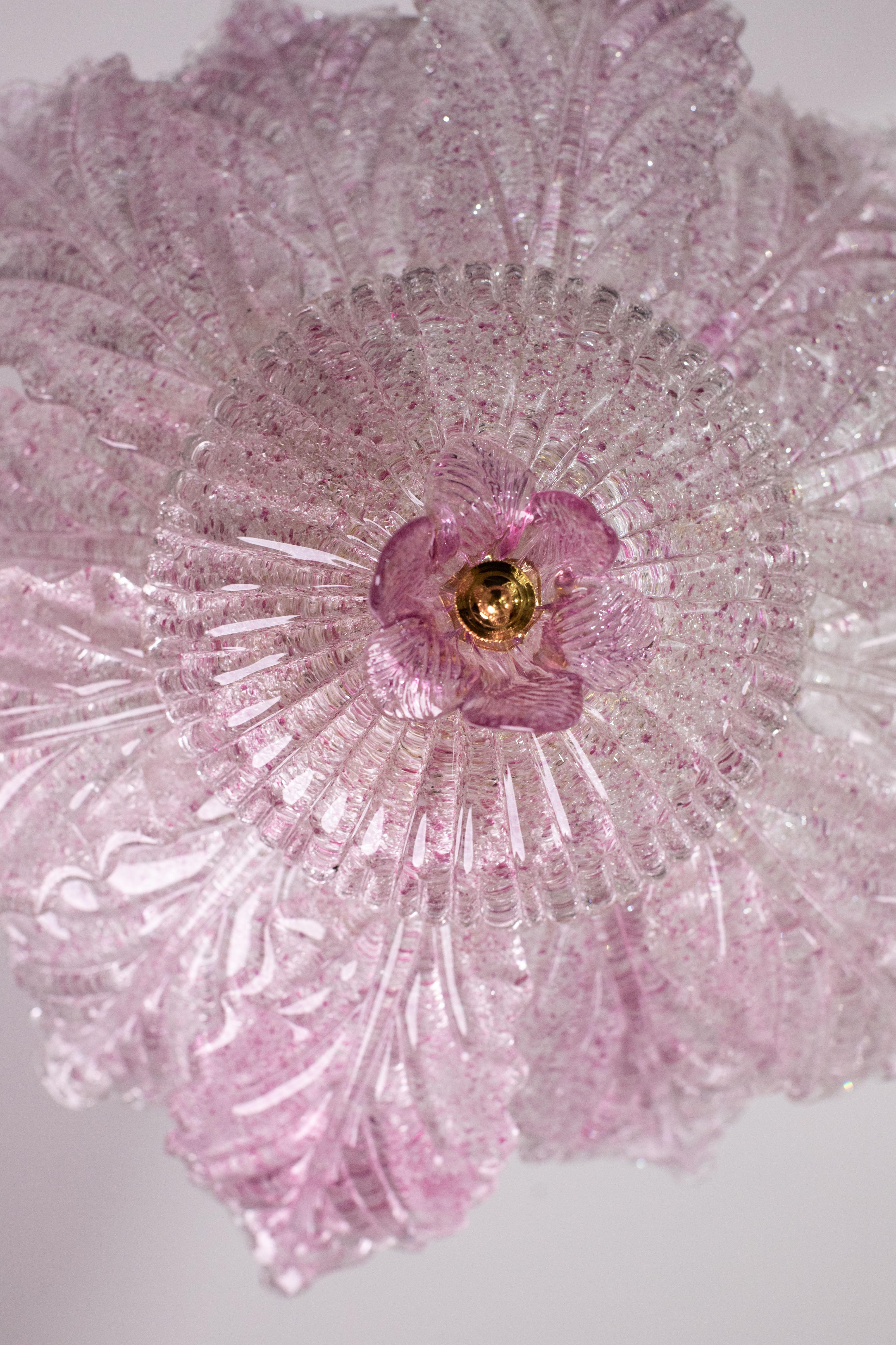 Lot de 2 lampes de plafond ou d'affleurement Ballarò, feuilles en verre de Murano rose d'Italie en vente 6