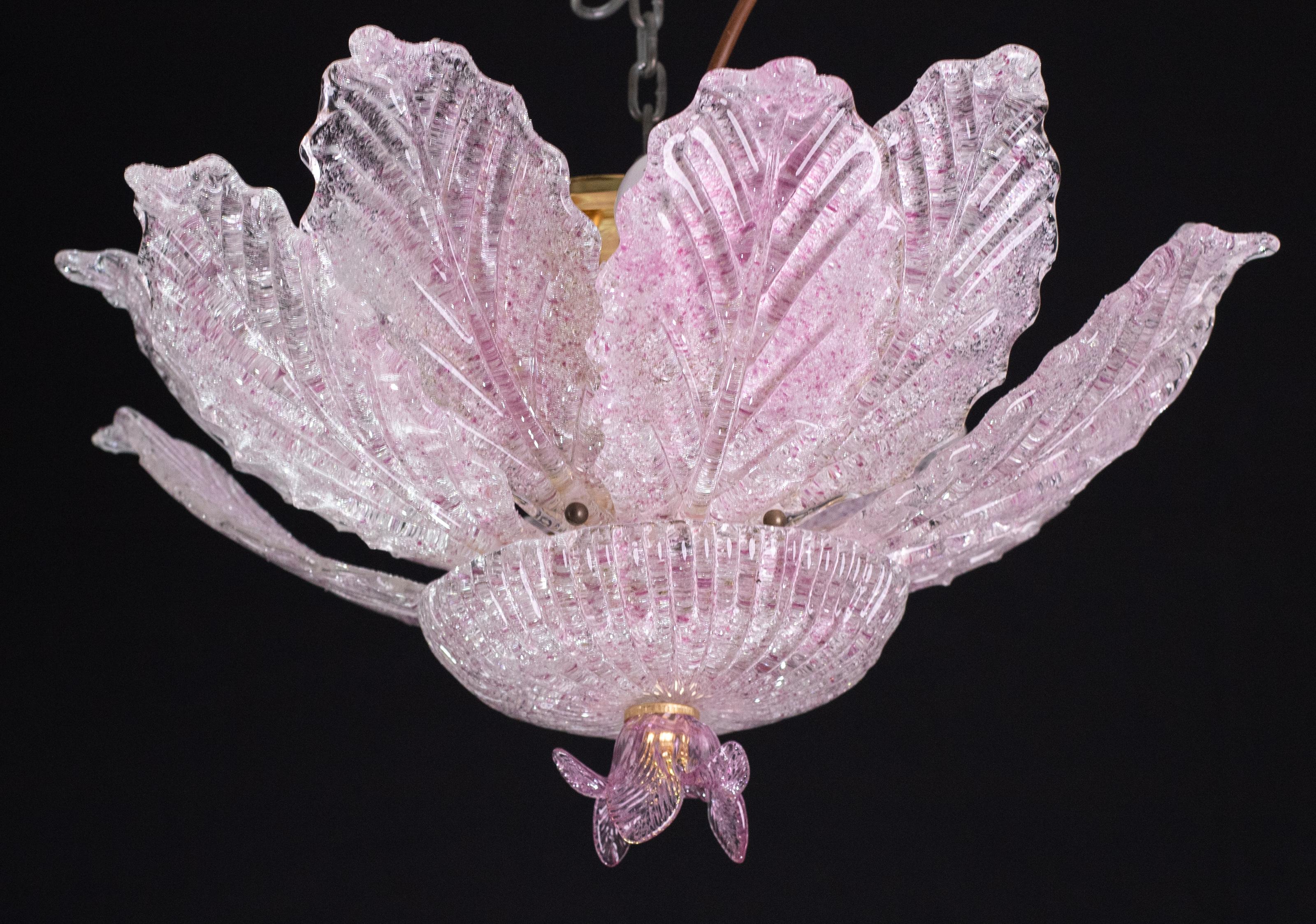 Lot de 2 lampes de plafond ou d'affleurement Ballarò, feuilles en verre de Murano rose d'Italie en vente 7