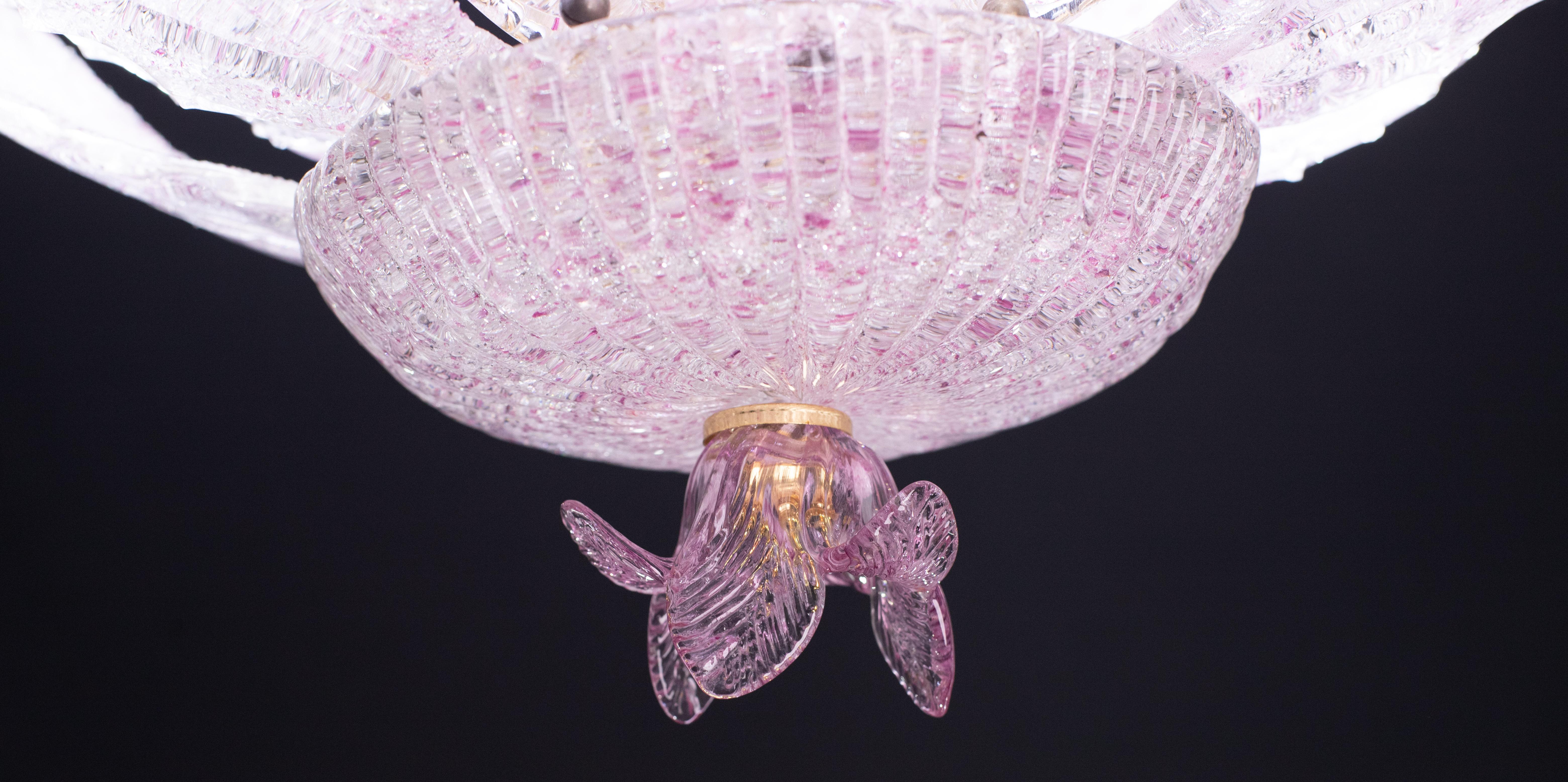 Lot de 2 lampes de plafond ou d'affleurement Ballarò, feuilles en verre de Murano rose d'Italie en vente 2