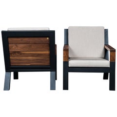 Set of 2 Baltimore Armchairs by Ambrozia, Walnut, Black Steel & Beige Upholstery