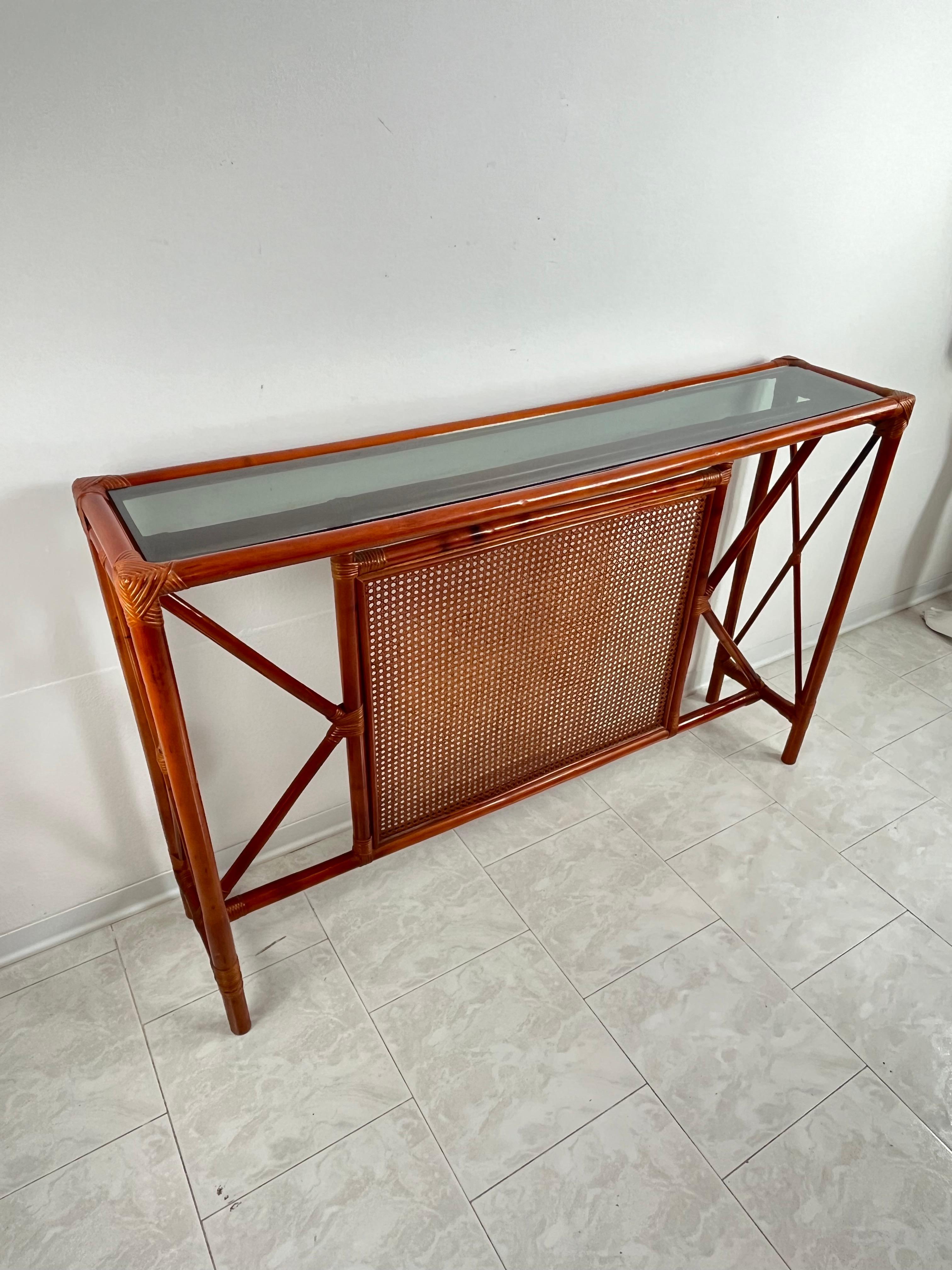 Set of 2 Bamboo and Rattan Console and Mirror Attributed to Franco Albini 1960s For Sale 4