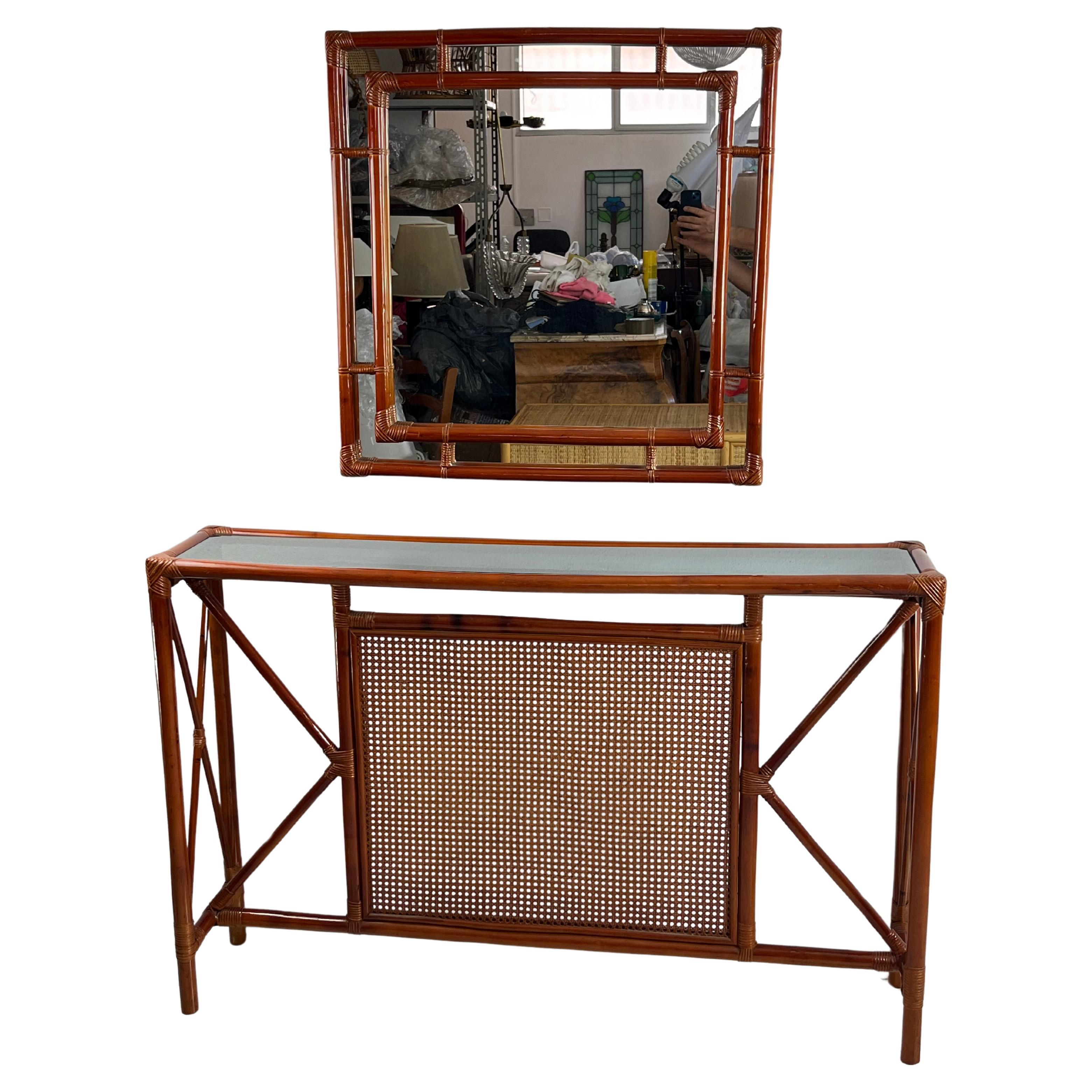 Set of 2 Bamboo and Rattan Console and Mirror Attributed to Franco Albini 1960s For Sale