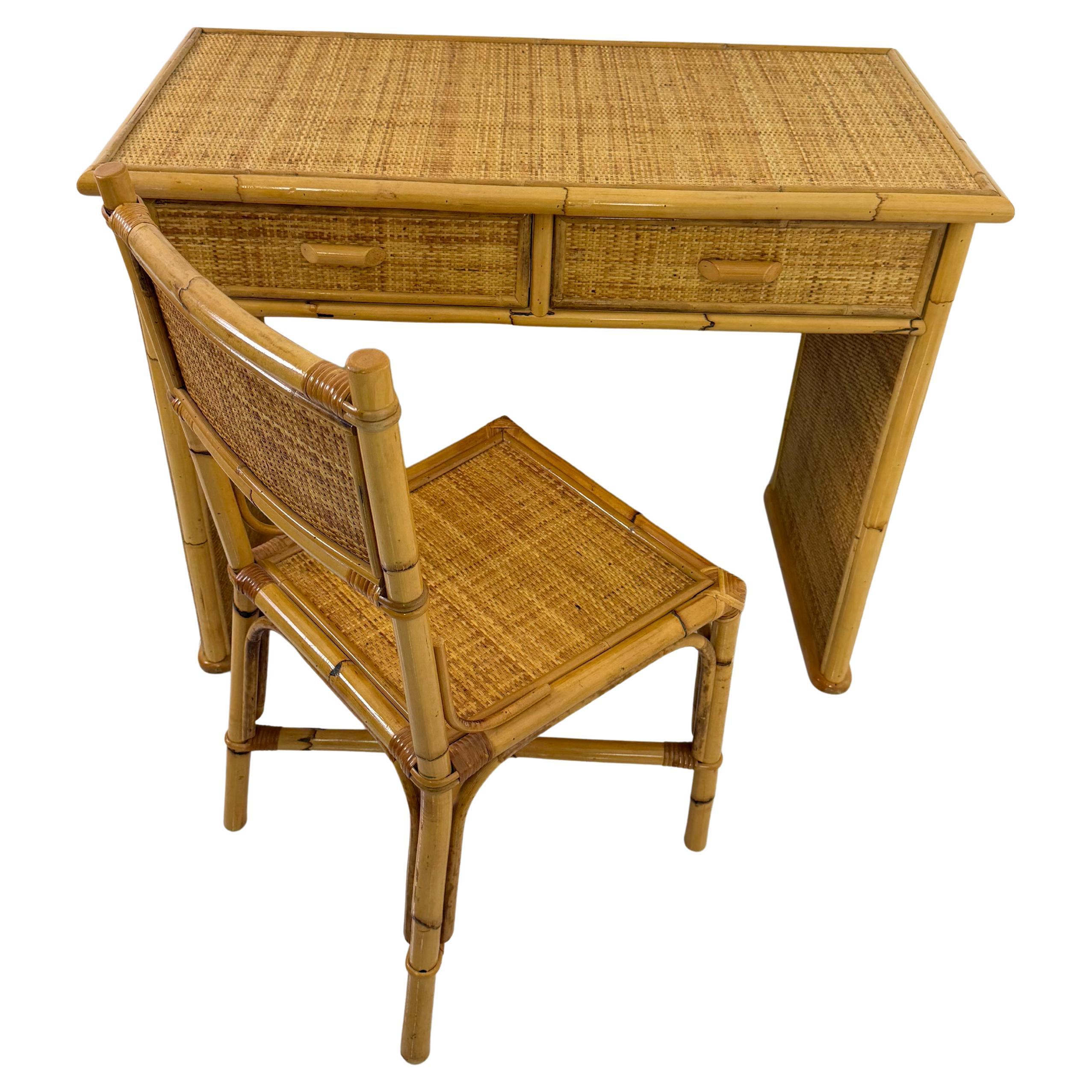 Set of 2 bamboo and rattan desks and chairs, attributed to Dal Vera, 1980s For Sale