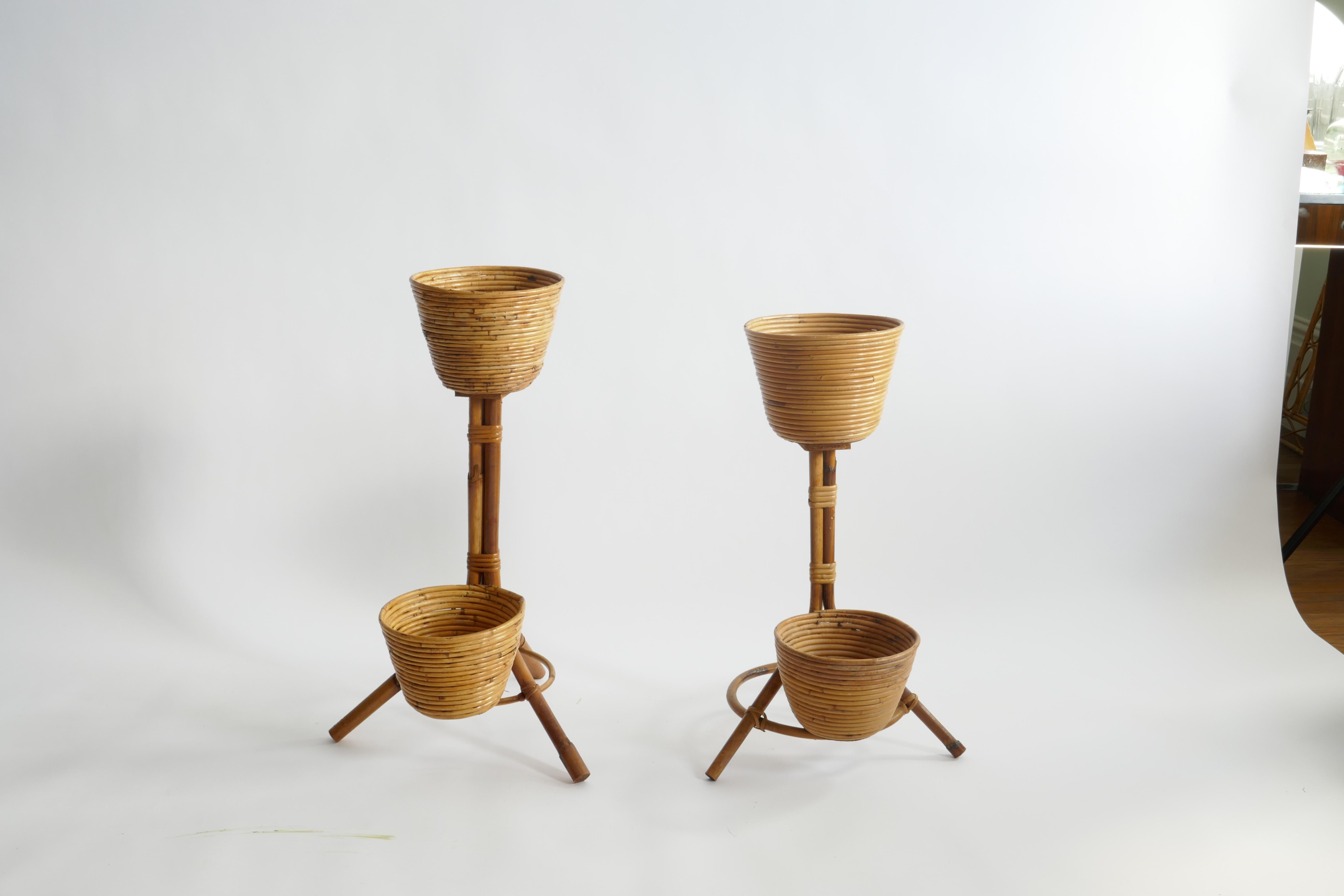 Mid-Century Modern Set of 2 Bamboo and Rattan Plant Holders, Italy 1950s For Sale