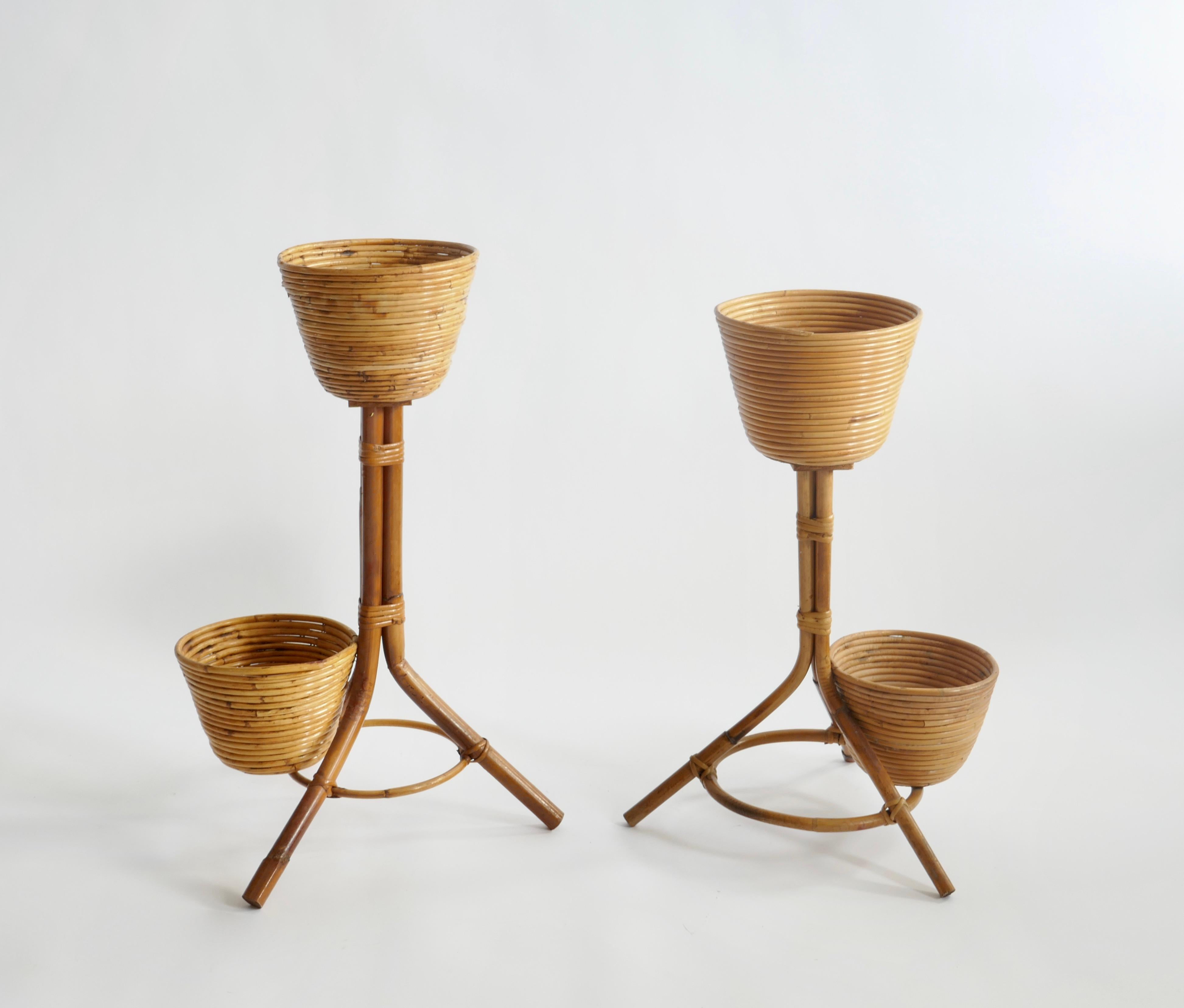 Mid-Century Modern Set of 2 Bamboo and Rattan Plant Holders, Italy 1950s For Sale