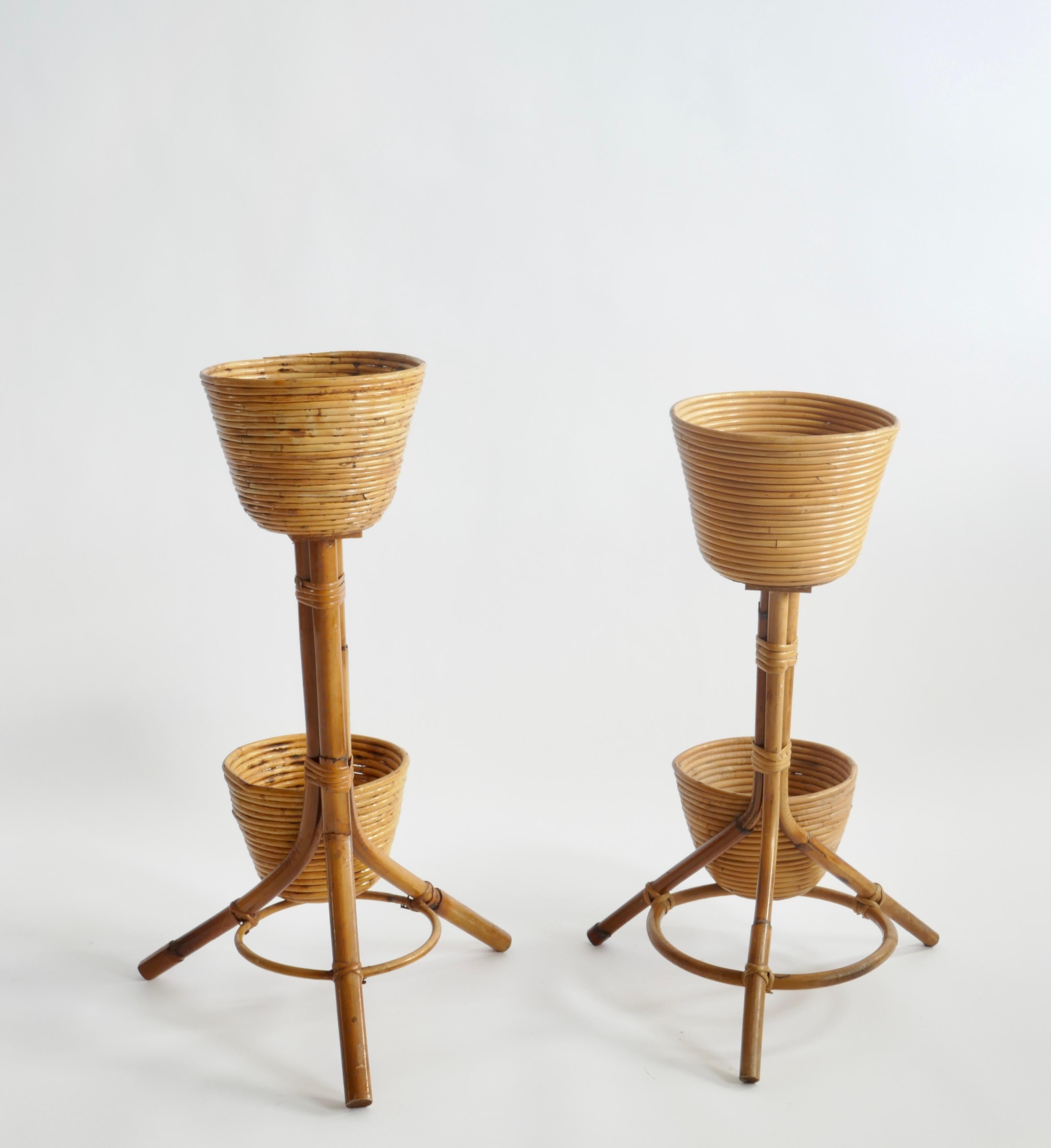 Italian Set of 2 Bamboo and Rattan Plant Holders, Italy 1950s For Sale