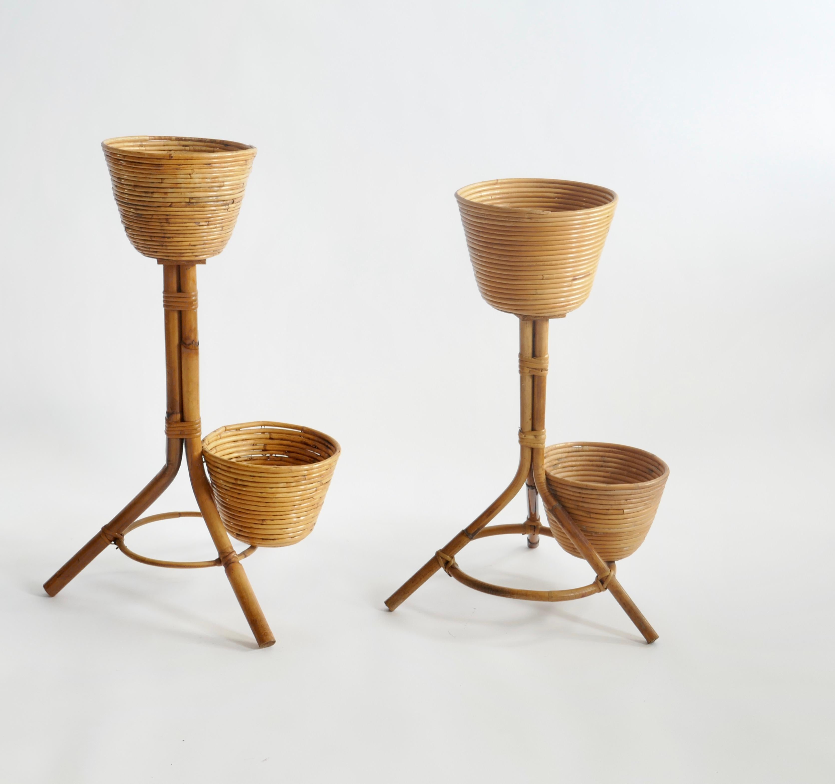 Mid-20th Century Set of 2 Bamboo and Rattan Plant Holders, Italy 1950s For Sale