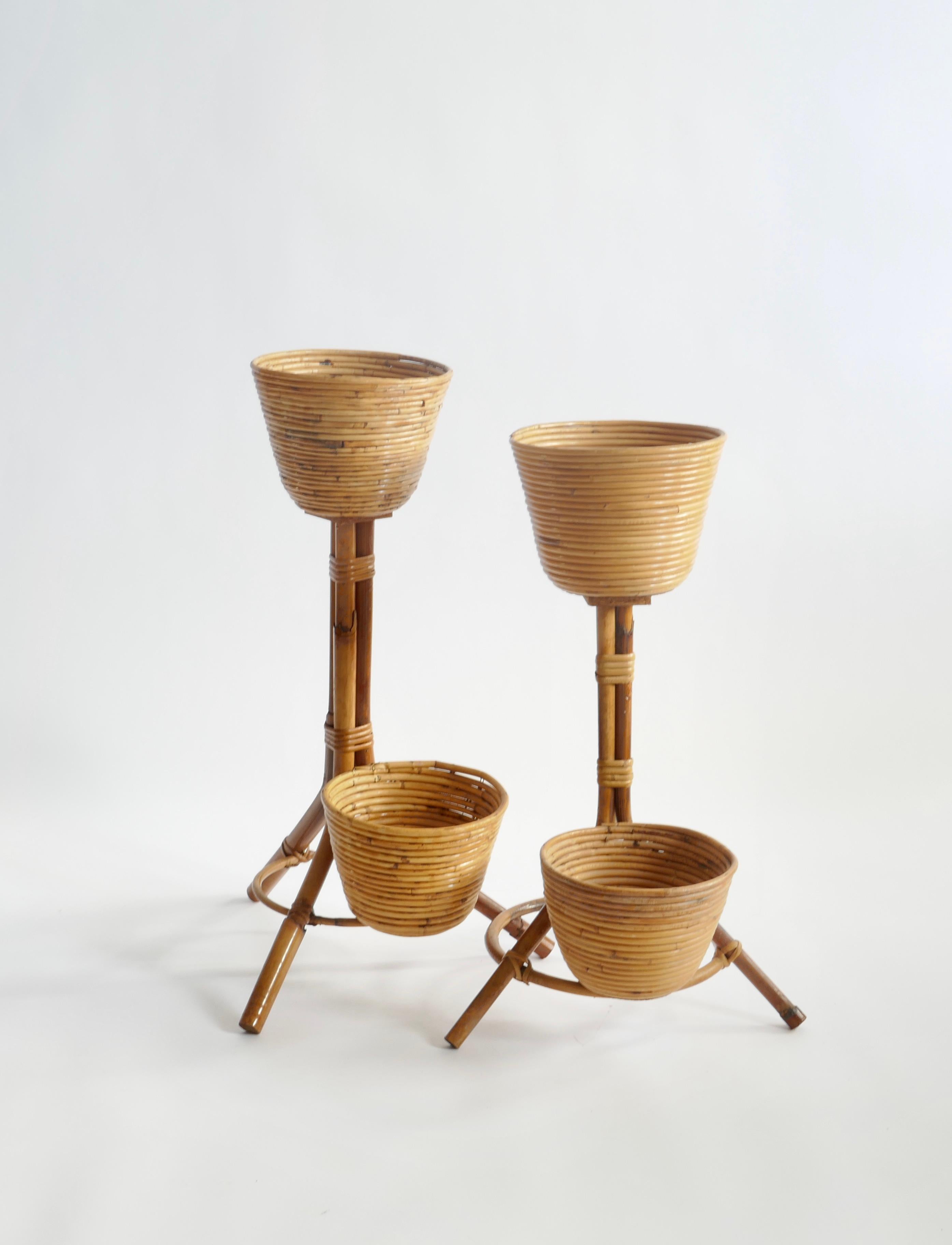 Mid-20th Century Set of 2 Bamboo and Rattan Plant Holders, Italy 1950s For Sale