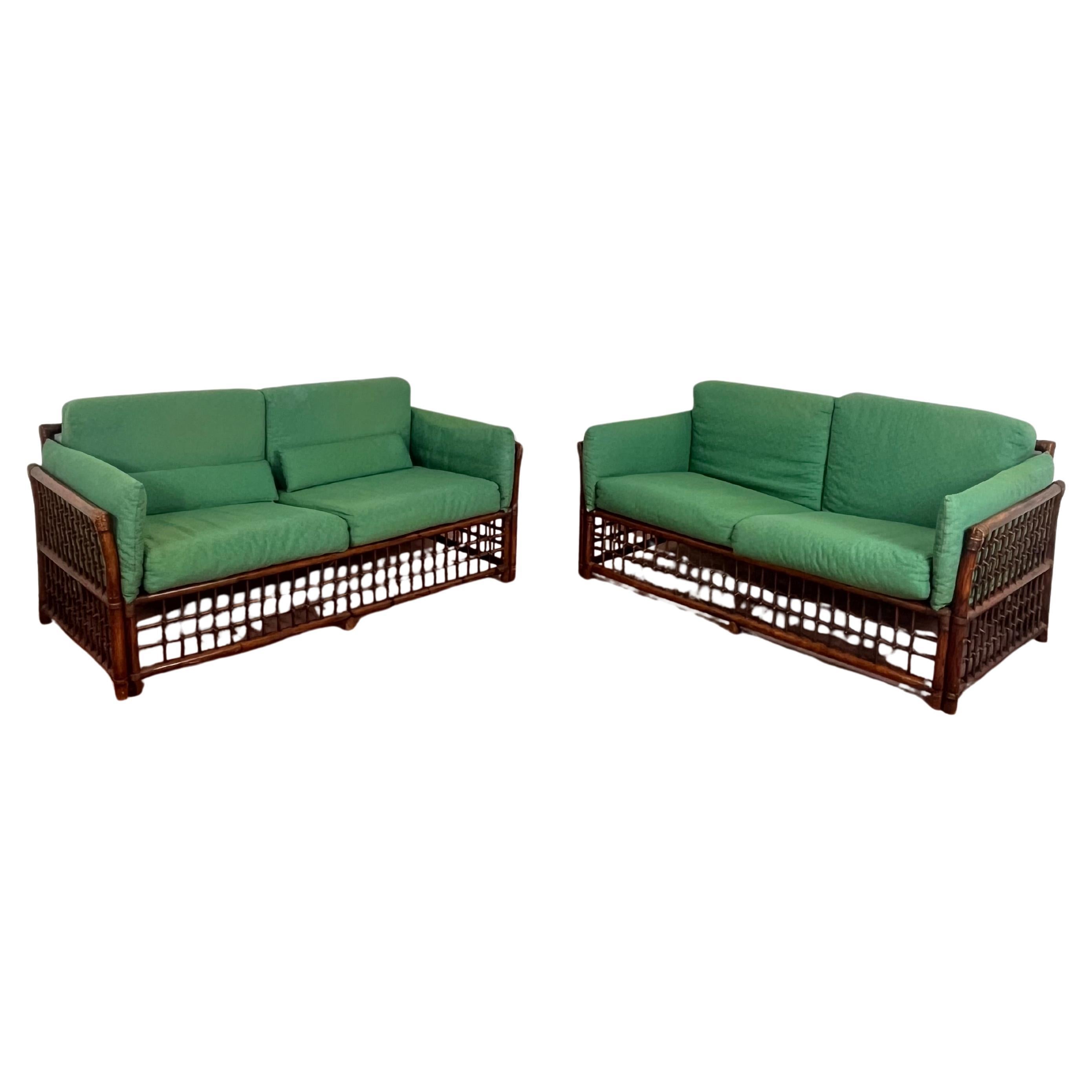 Set of 2 bamboo and rattan sofas attributed to Vivai del Sud, 1960s
Made entirely by hand, fabric cushions.
Good condition, small signs of aging.
One is 63 cm tall and the other 71 cm.