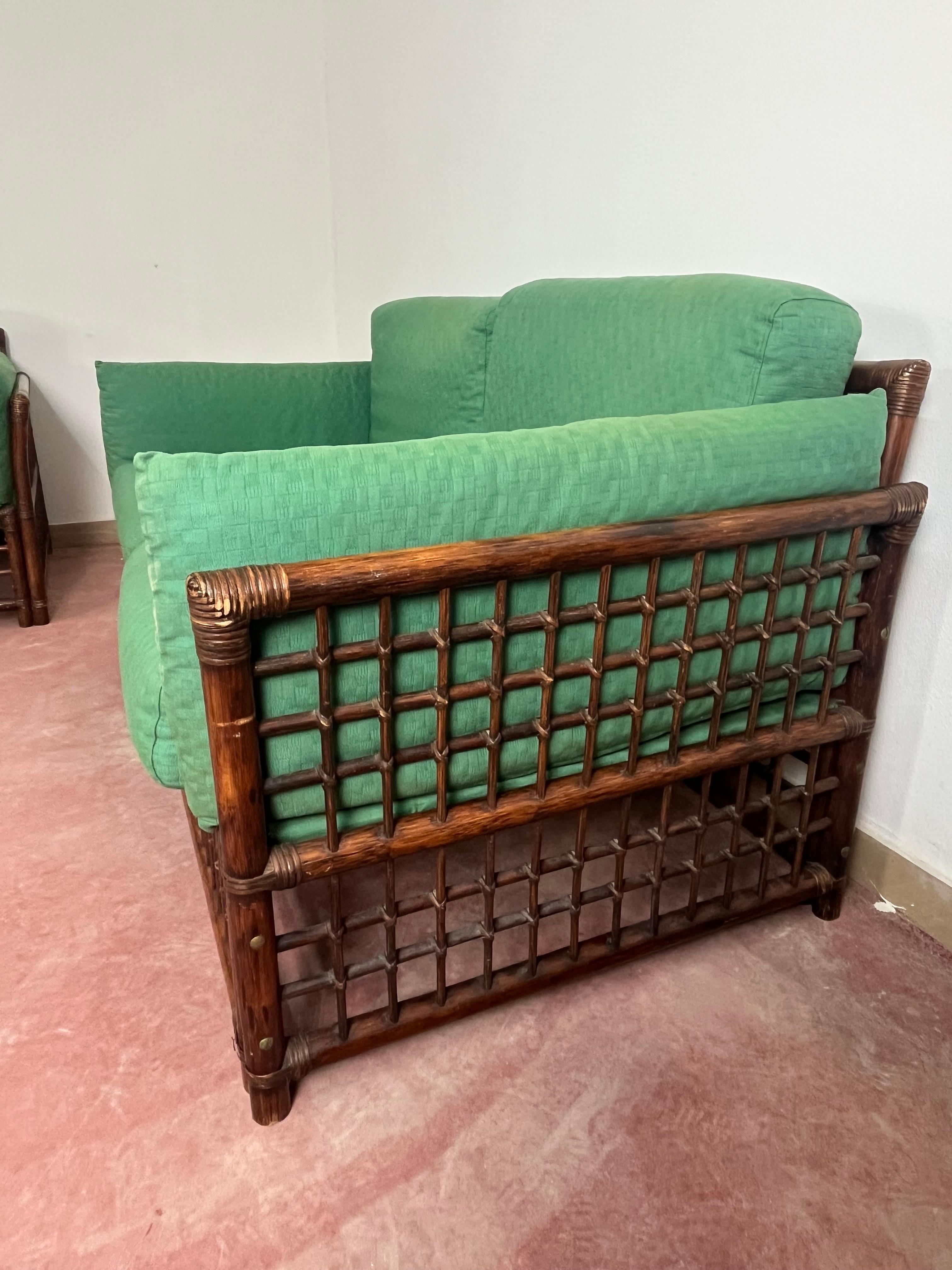 Mid-20th Century Set Of 2 Bamboo And Rattan Sofas Attributed To Vivai Del Sud, 1960s For Sale