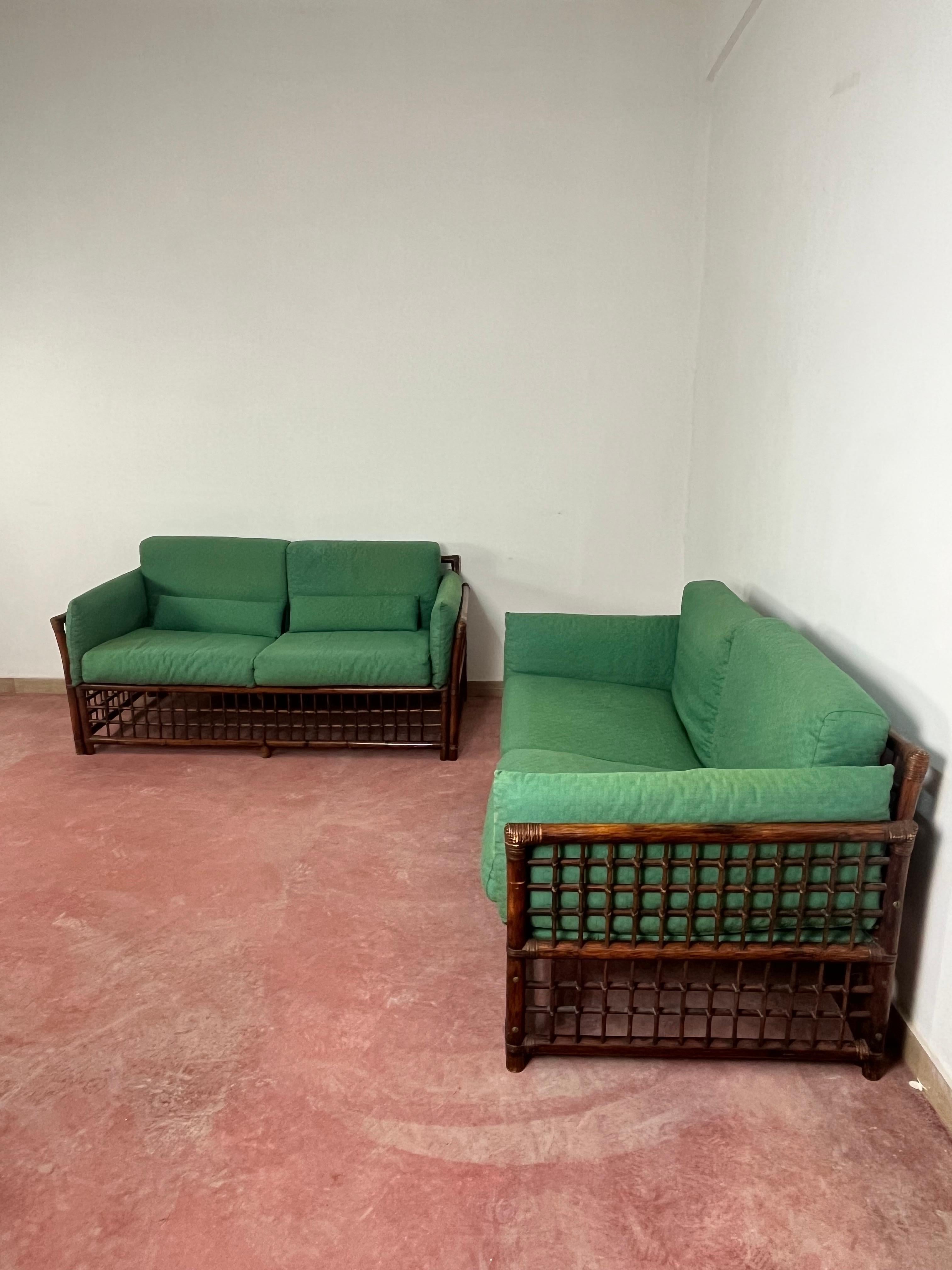 Set Of 2 Bamboo And Rattan Sofas Attributed To Vivai Del Sud, 1960s For Sale 1