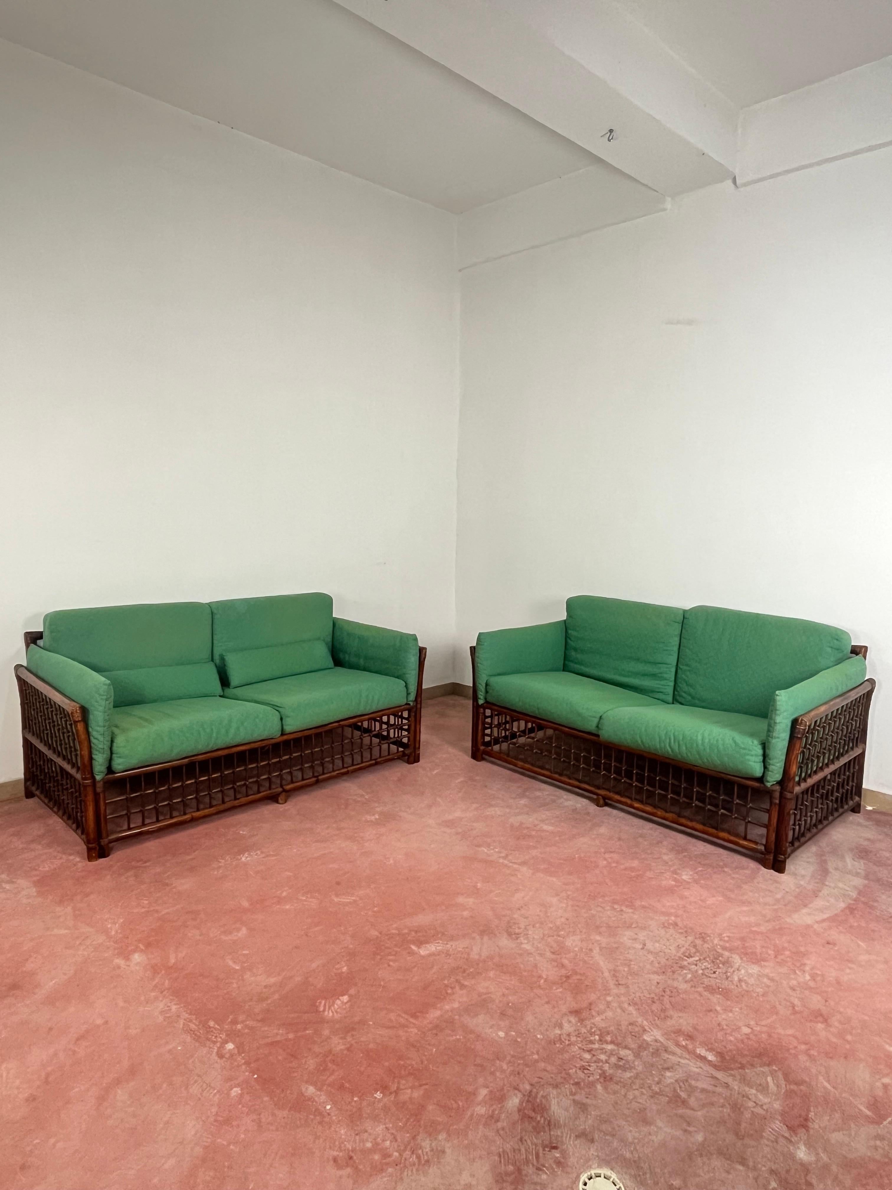 Set Of 2 Bamboo And Rattan Sofas Attributed To Vivai Del Sud, 1960s For Sale 2
