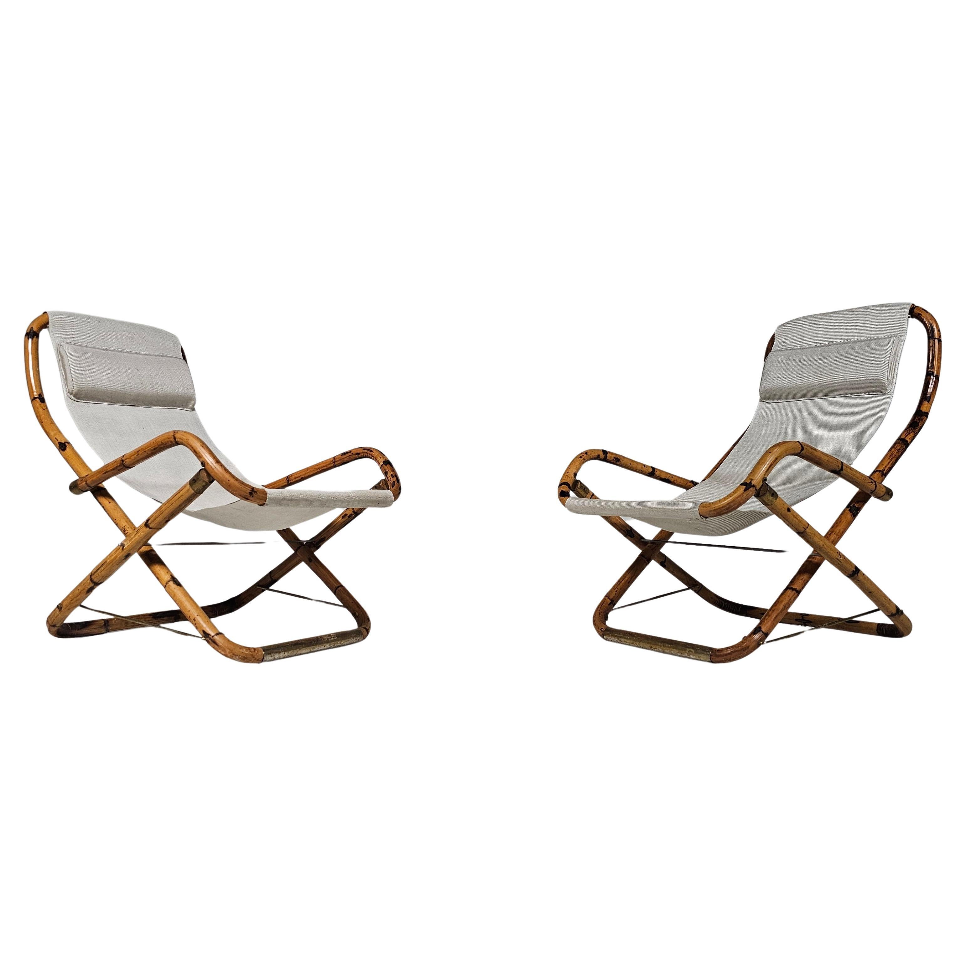 Set of 2 bamboo folding lounge deck chairs, brass details, Italy, 1960s