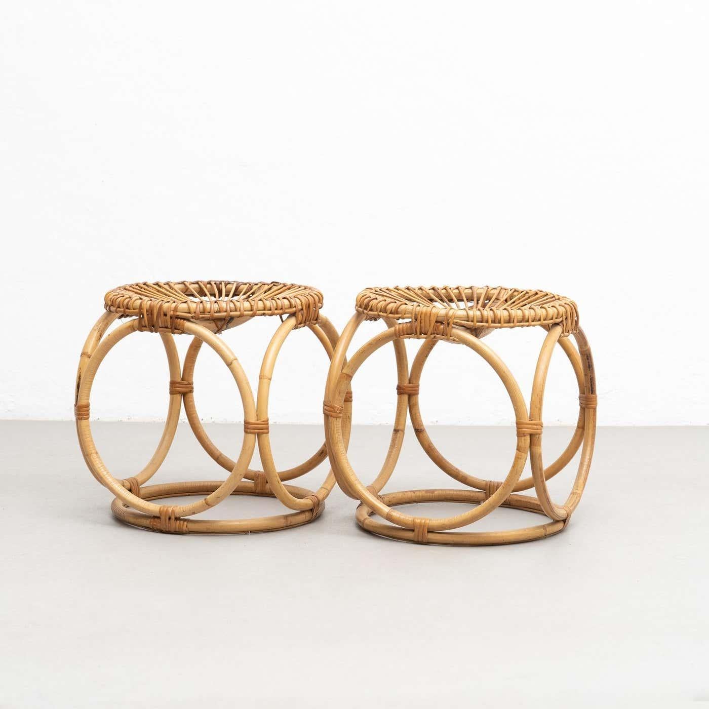 Folk Art Set of 2 Bamboo Handcrafted French Riviera Stools, circa 1960 For Sale