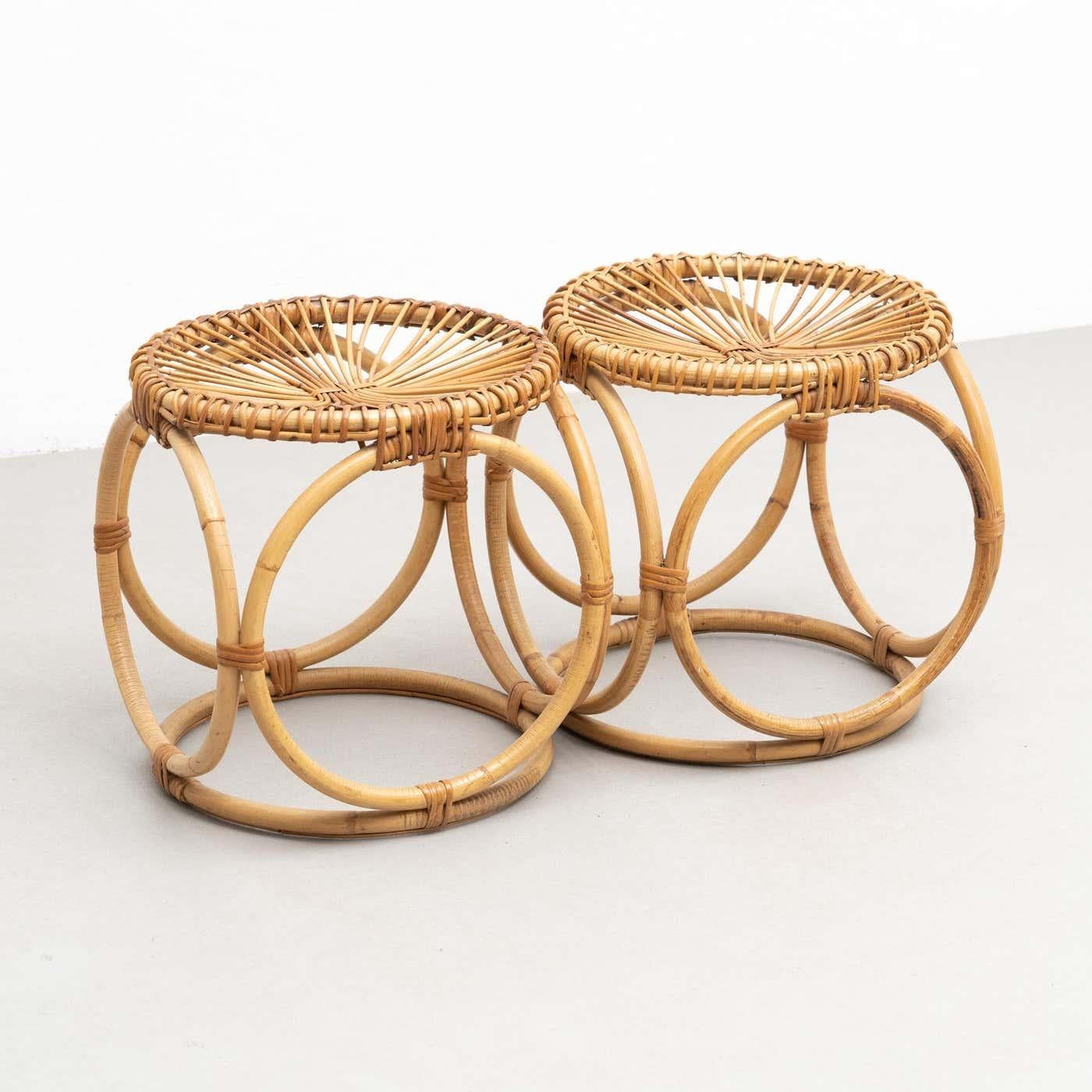 Mid-20th Century Set of 2 Bamboo Handcrafted French Riviera Stools, circa 1960 For Sale