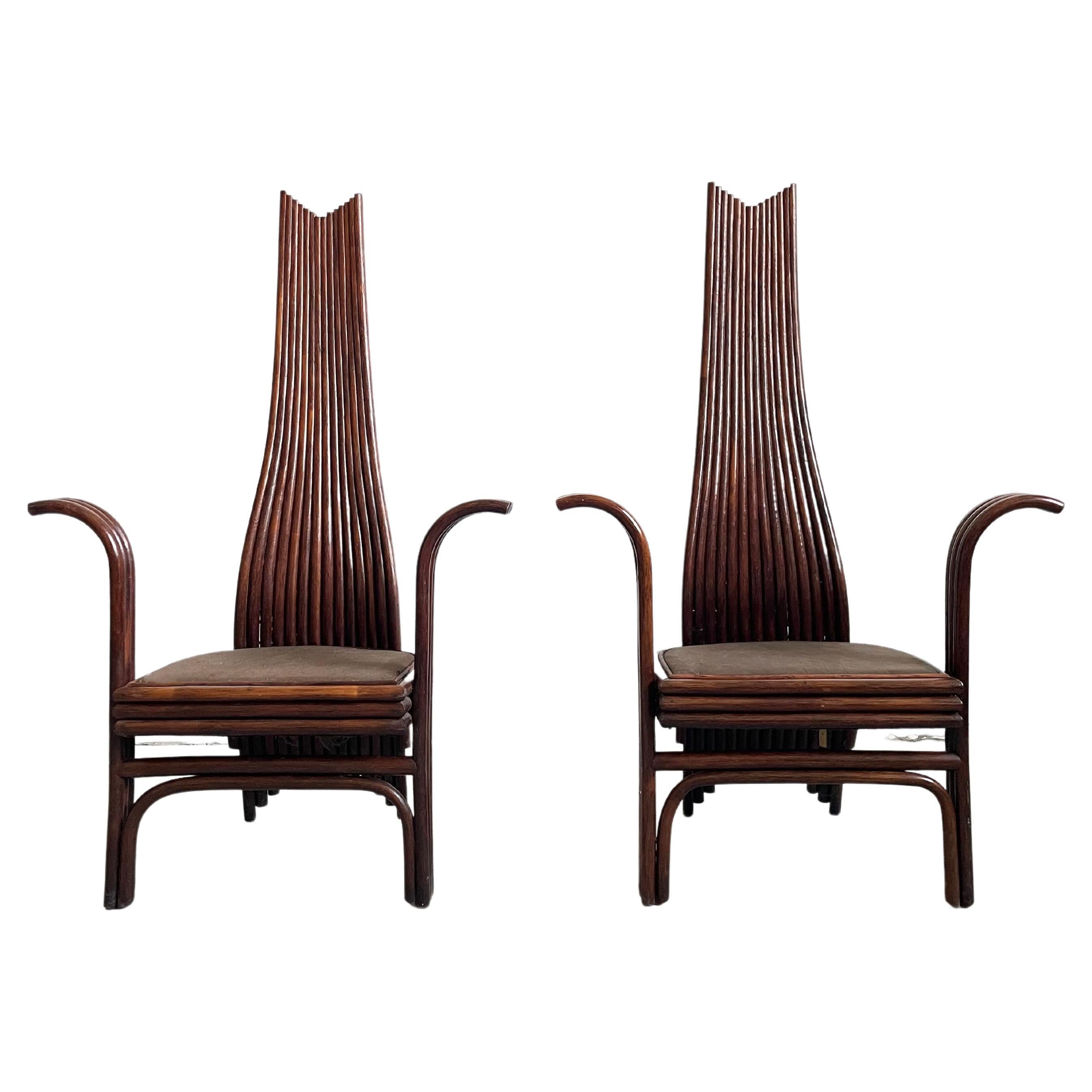 Set of 2 Bamboo High back Curved Dining Chairs with armrests, Mcguire USA 1970s For Sale