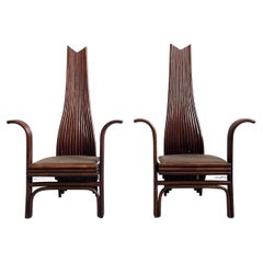Vintage Set of 2 Bamboo High back Curved Dining Chairs with armrests, Mcguire USA 1970s