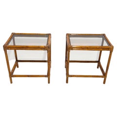 Set of 2 Bamboo Nightstands with glass tops, Made in Italy, 1960s