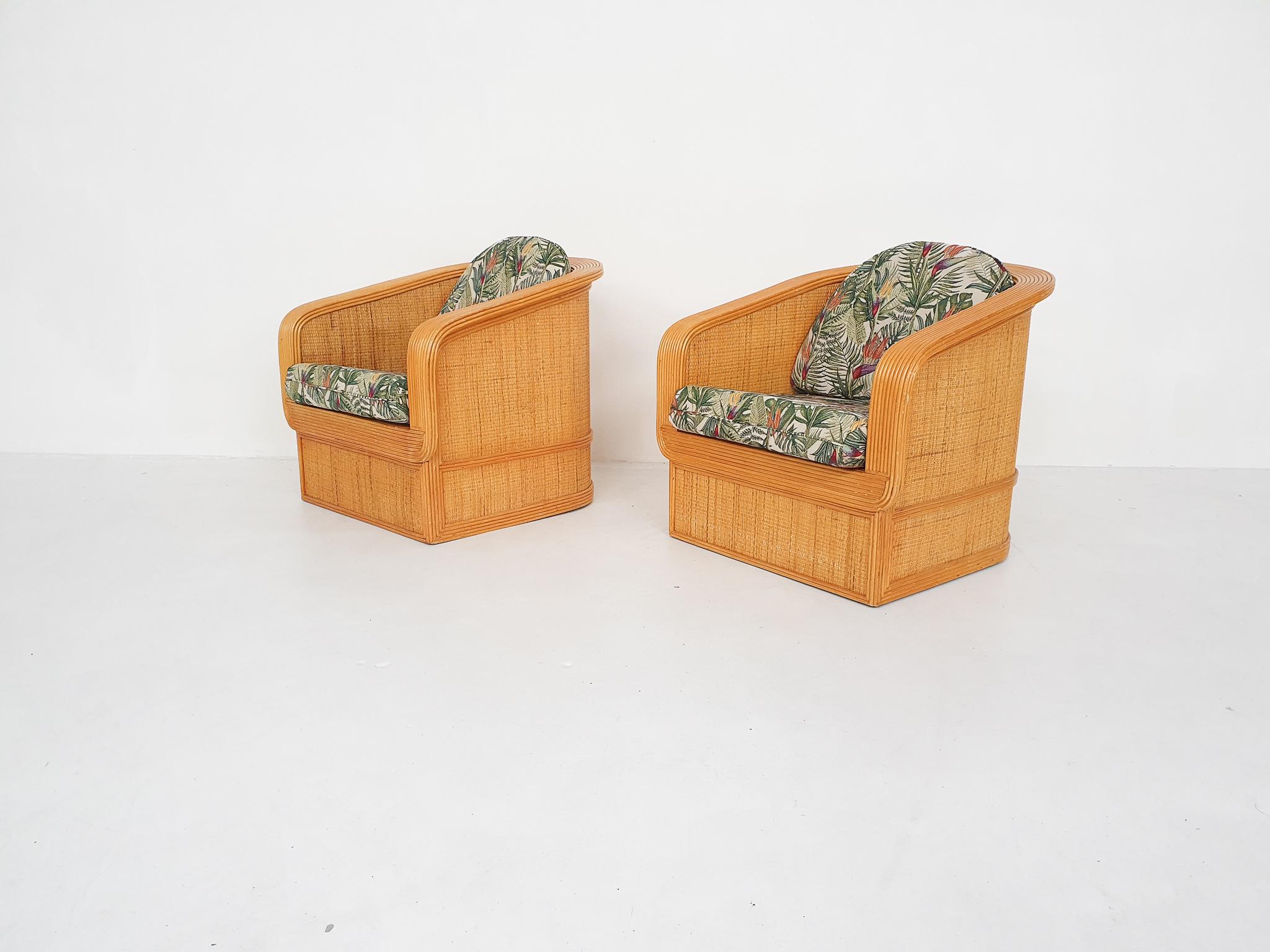 Fabric Set of 2 Bamboo / Rattan Lounge Chairs, 1960s