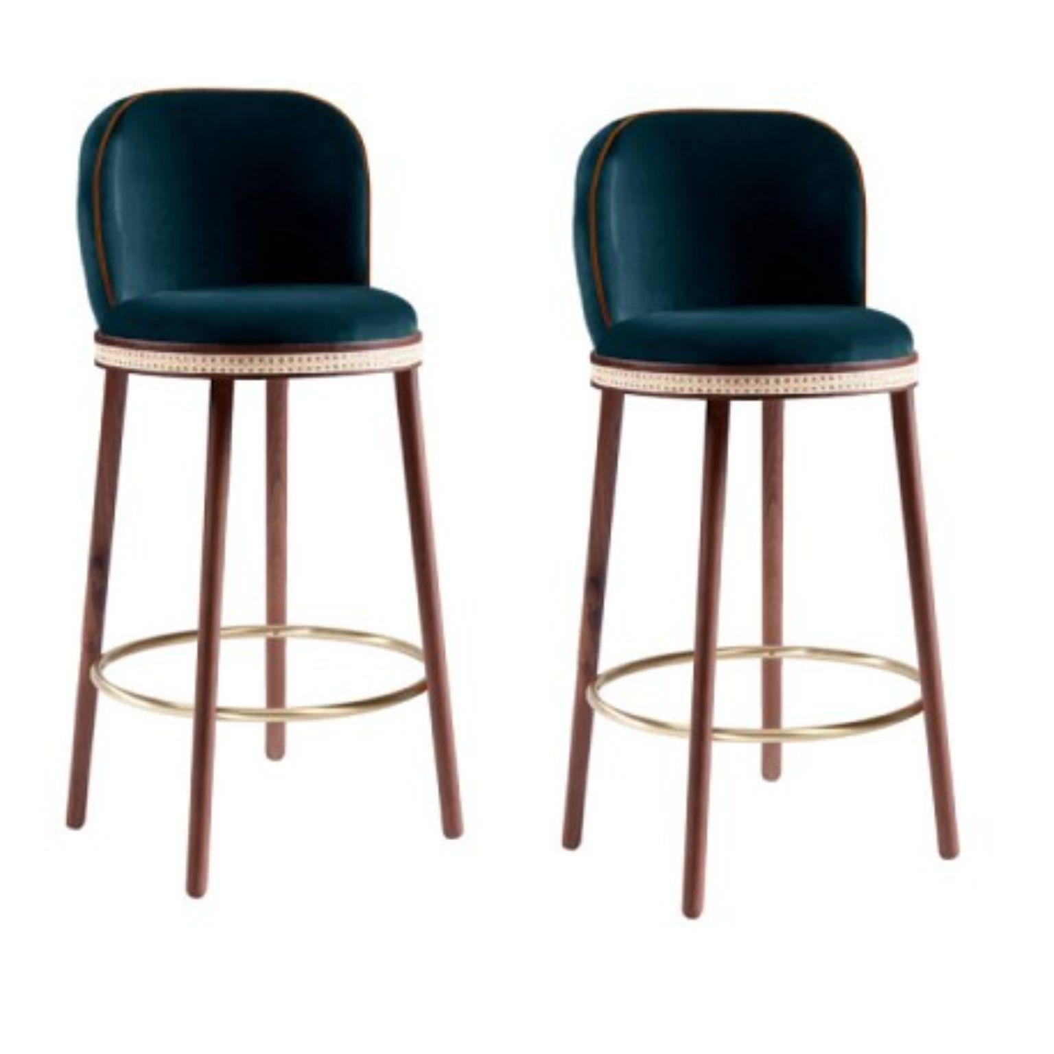 Set of 2 Alma Bar Chairs by Dooq
Dimensions:
W 46 cm 18”
D 51 cm 20”
H 100 cm 39”
seat height: 75 cm 30”
Materials: upholstery fabric or leather; structure solid wood feet lacquered MDF or solid wood rattan natural rattan. COM with natural walnut or