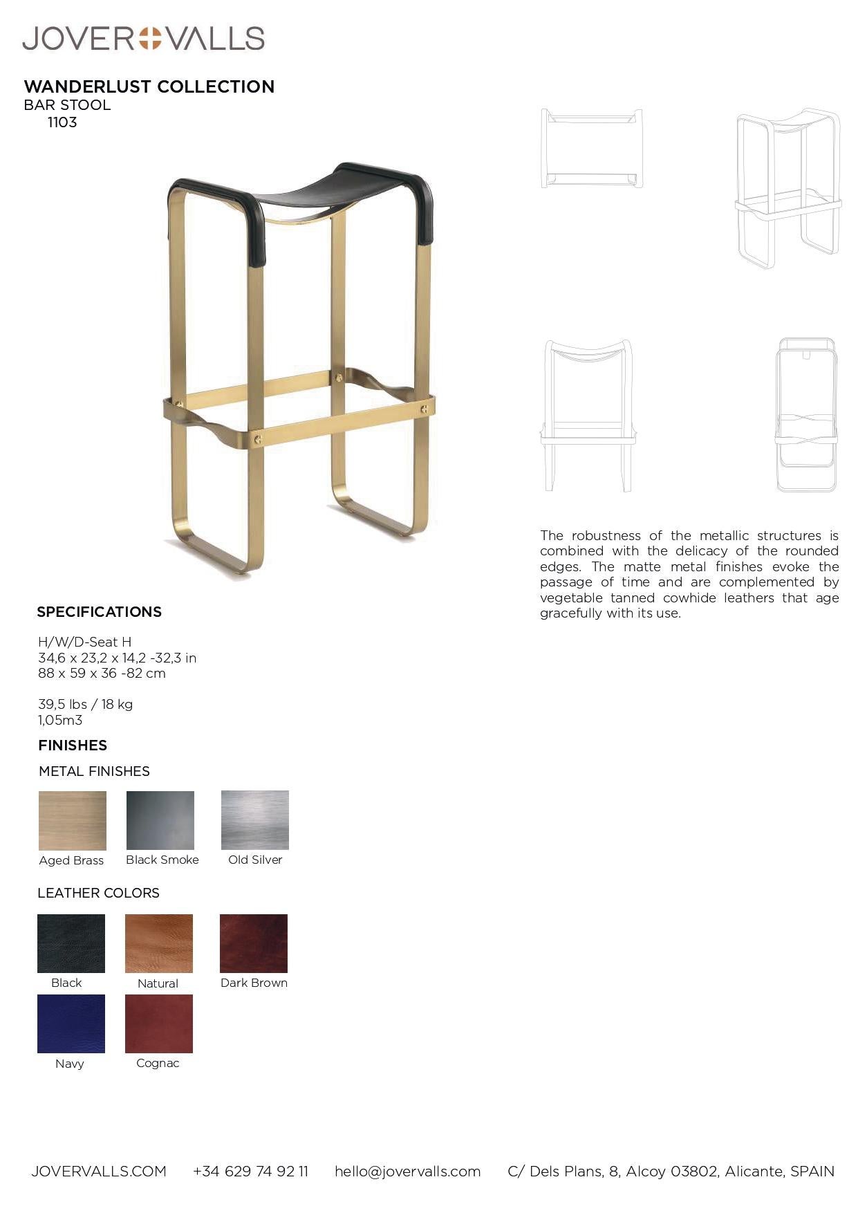 Pair Contemporary Bar Stool Aged Brass Metal & Black Leather  For Sale 1