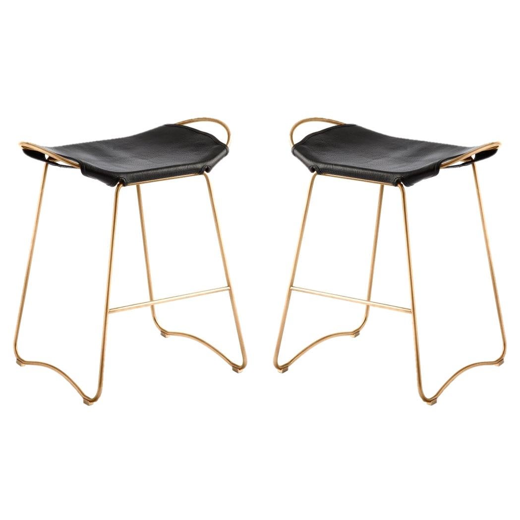 Pair Contemporary Bar Stool, Aged Brass Metal & Black Saddle Leather For Sale