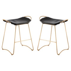 Pair Contemporary Bar Stool, Aged Brass Metal & Black Saddle Leather