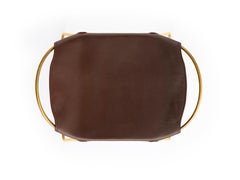 Pair Sculptural Contemporary Bar Stool, Aged Brass Metal & Dark Brown Leather