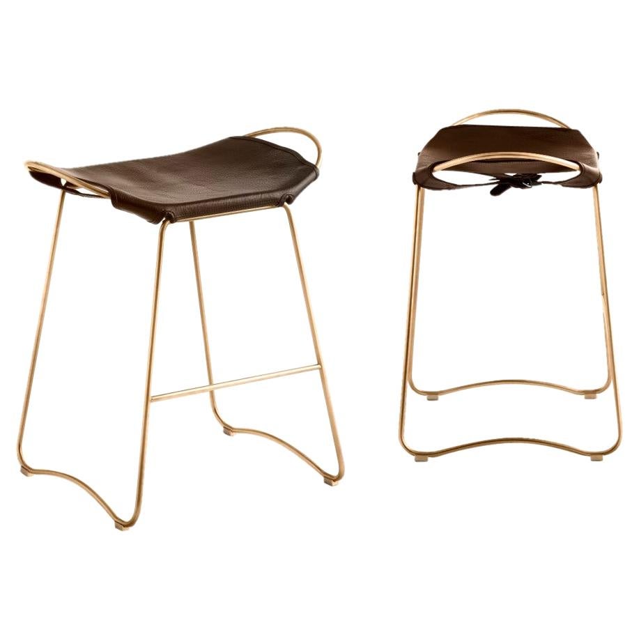 Pair Sculptural Contemporary Bar Stool, Aged Brass Metal & Dark Brown Leather For Sale