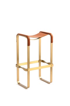 Pair Classic Contemporary Barhocker Aged Brass Steel & Natural Tobacco Leather