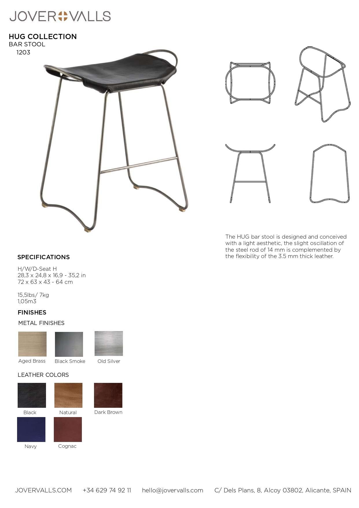 Steel Pair Contemporary  Bar Stool Aged Brass Metal & Navy Blue Leather Organic Design For Sale