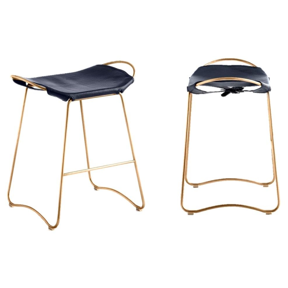 Pair Contemporary  Bar Stool Aged Brass Metal & Navy Blue Leather Organic Design For Sale
