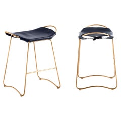 Pair Contemporary  Bar Stool Aged Brass Metal & Navy Blue Leather Organic Design