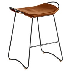 Pair Contemporary Bar Stool, Black Smoke Metal and Cognac Leather