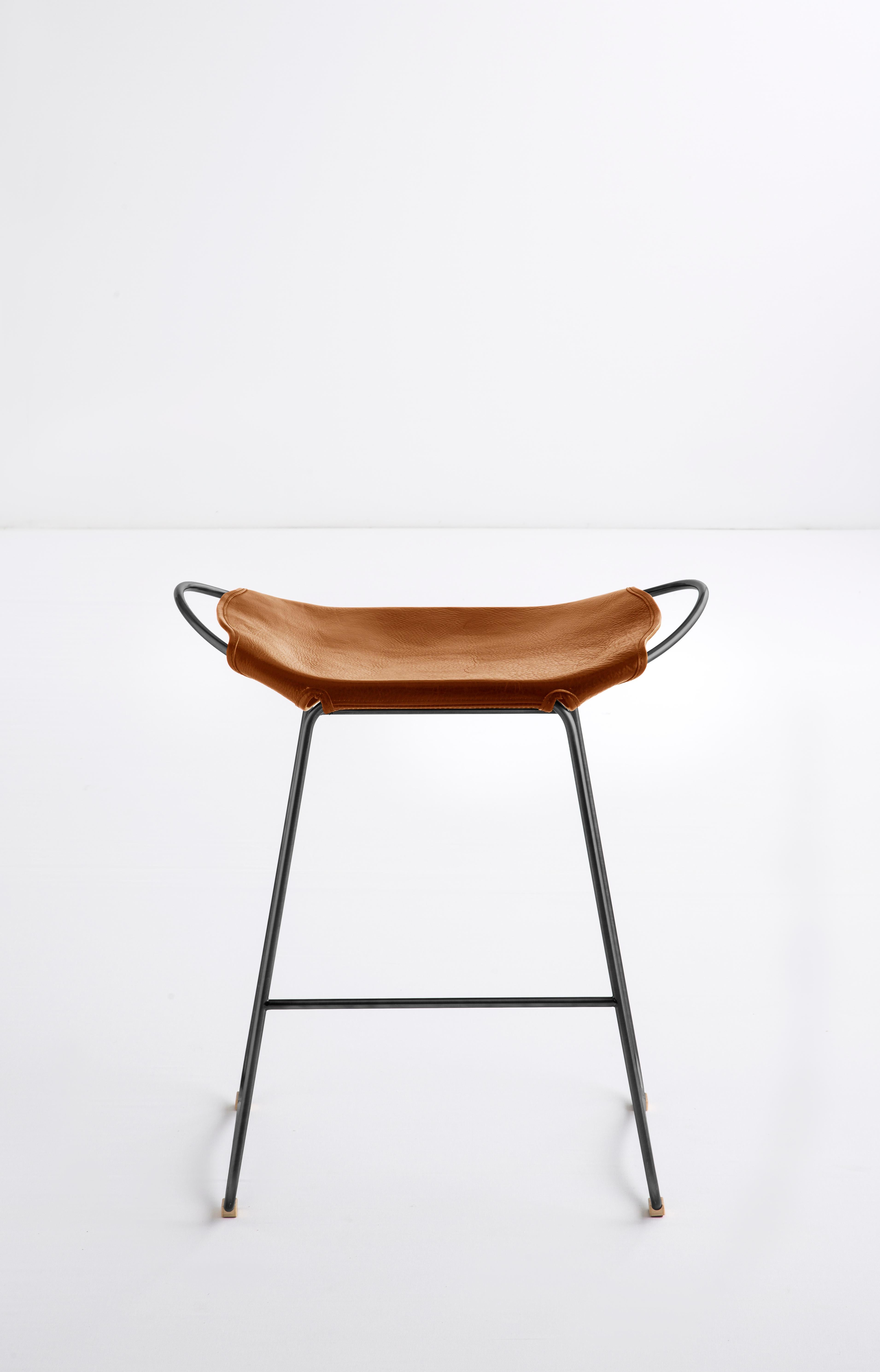 Plated Pair Contemporary Sculptural Bar Stool Black Metal & Natural Tobacco Leather For Sale