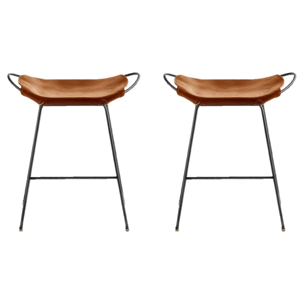 Pair Contemporary Bar Stool, Black Smoke Metal and Cognac Leather