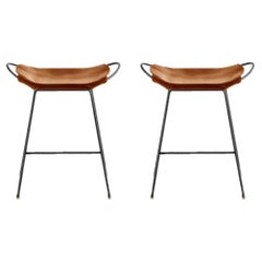 Pair Contemporary Bar Stool, Black Smoke Metal and Cognac Leather