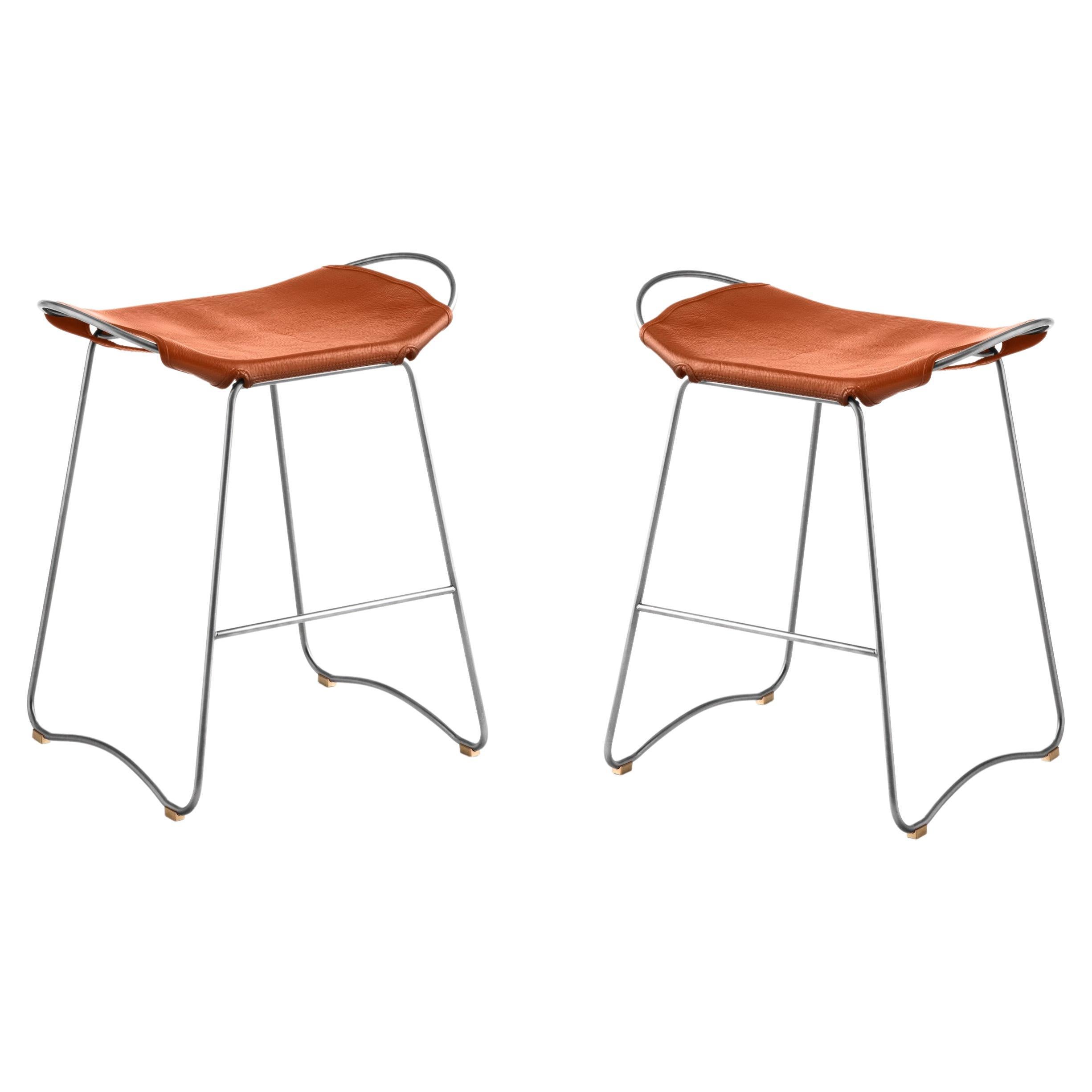 Pair Contemporary Sculptural Bar Stool Black Metal & Natural Tobacco Leather