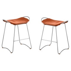 Set of 2 Bar Stool, Black Smoke Steel and Natural Tobacco Leather, Modern Style