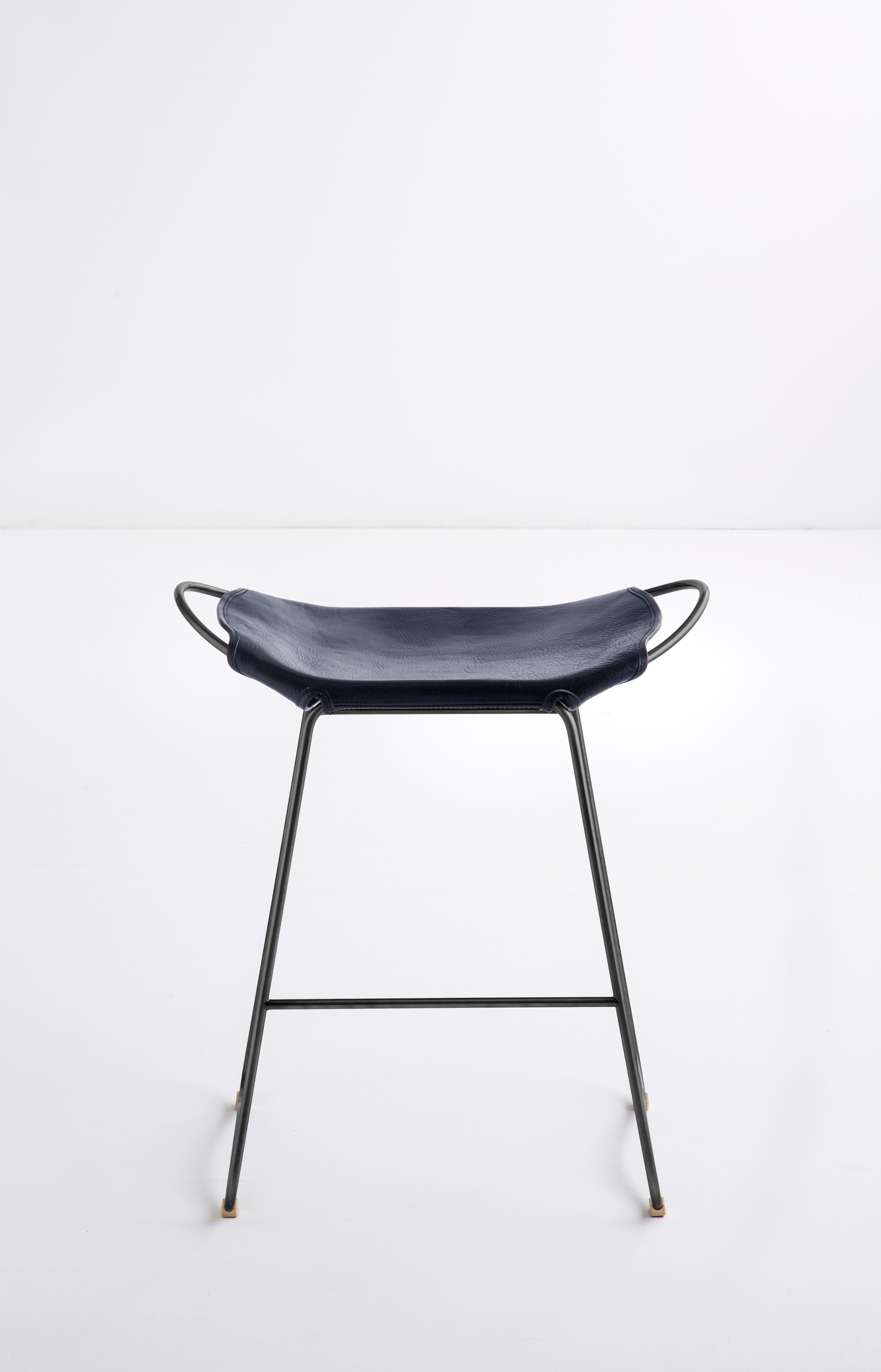 Spanish Pair Bar Stool, Black Smoke Metal and Navy Blue Leather, Contemporary Style For Sale