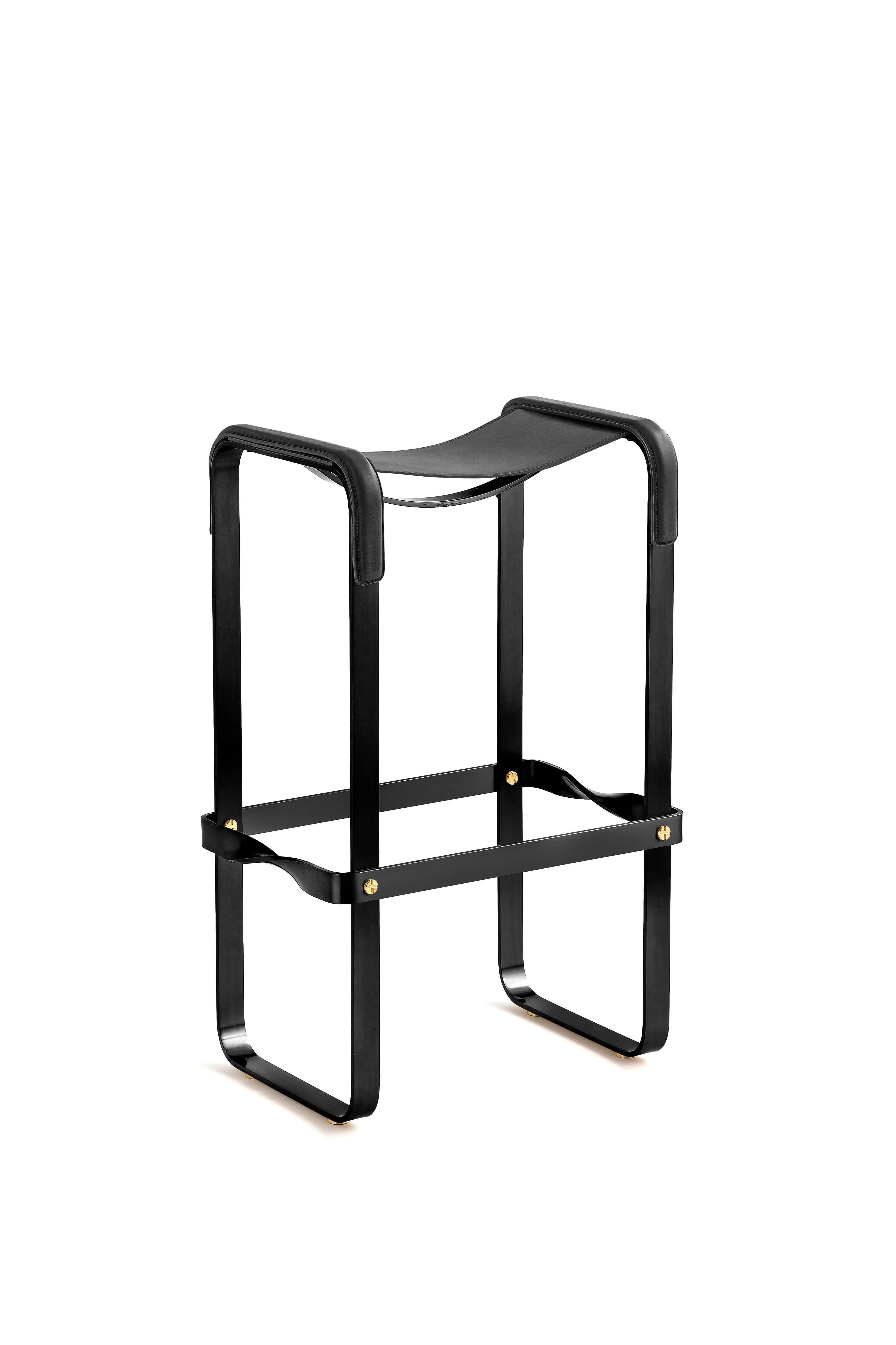 Polished Pair Classic Contemporary Handmade Bar Stool Black Smoke Steel & Black Leather For Sale