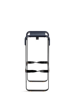 Pair Contemporary  Bar Stool Black Smoke Metal & Navy Blue Leather