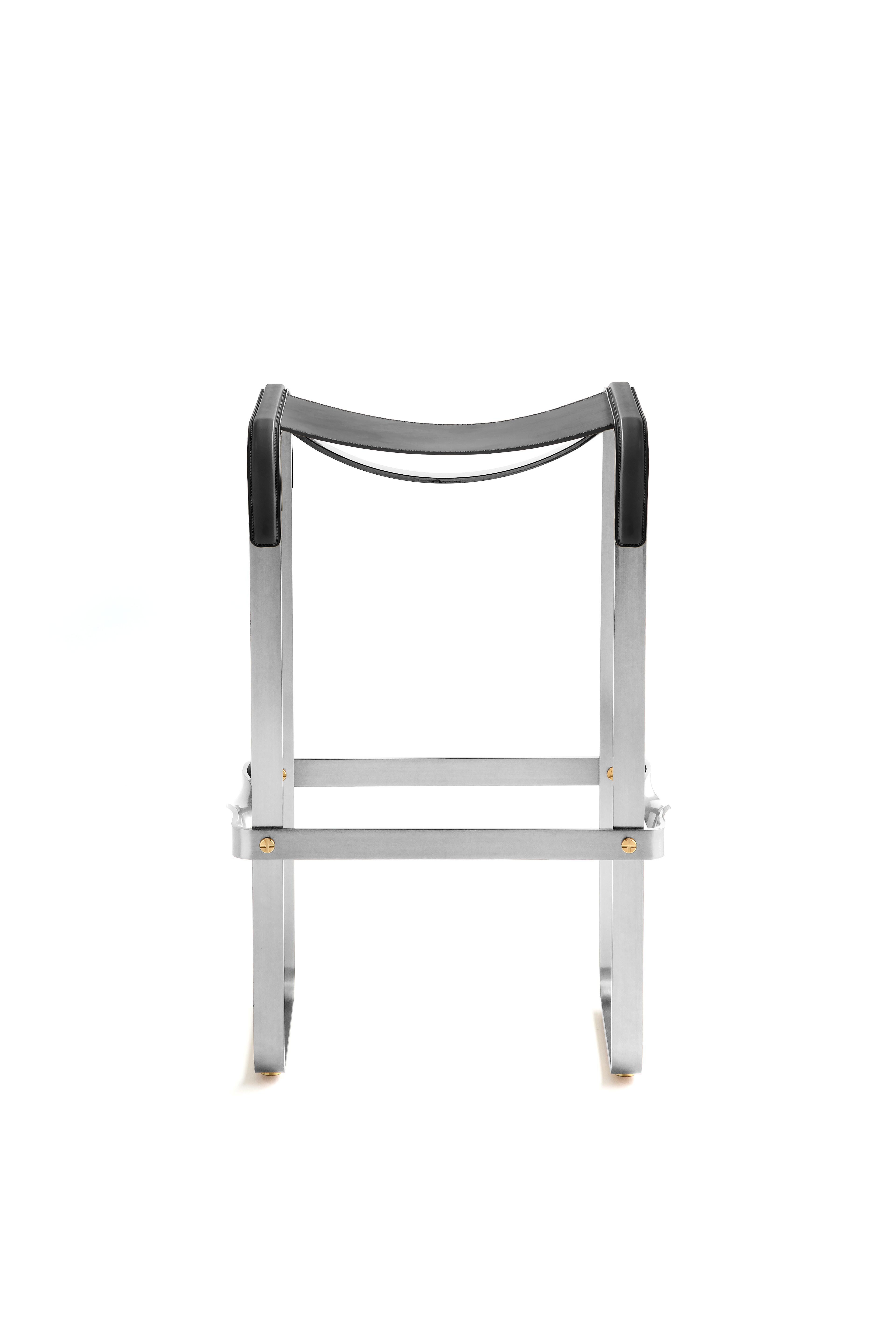 Minimalist Pair Classic Contemporary Bar Stool Silver Aged Metal & Black Leather For Sale