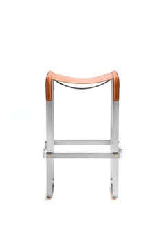 Pair Contemporary  Bar Stool Silver Aged Metal & Natural Tobacco Leather